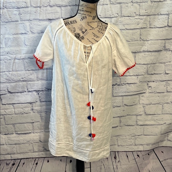 J Crew Dress CoverUp White w Pompoms Linen Blend Embroidered Trim Size Small - Picture 2 of 11